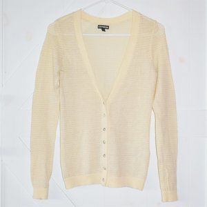 Express sweater crystal button down long sleeve v neck cream gold metallic